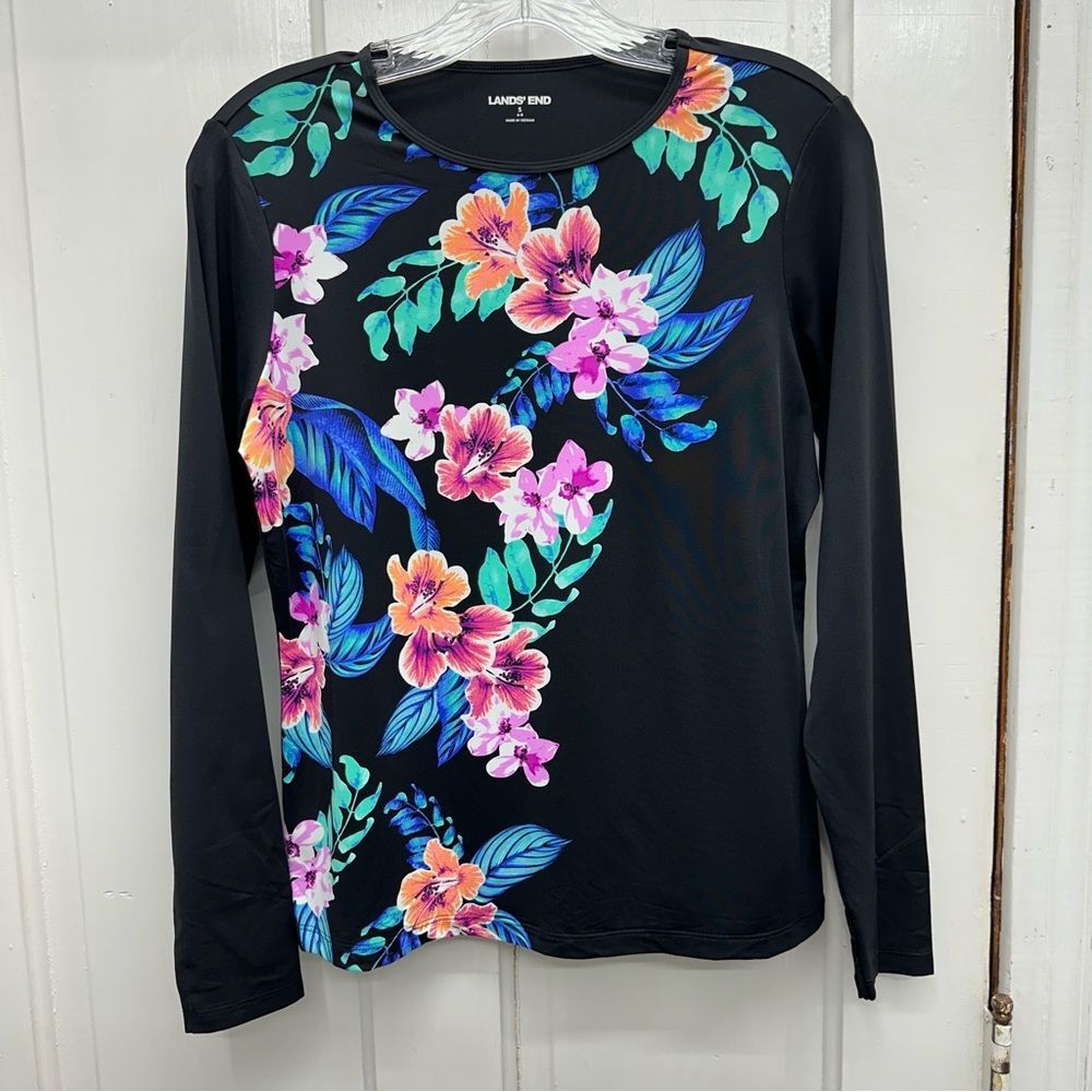 Lands' End black floral rash guard long sleeve swim shirt women's small 6 - 8‎